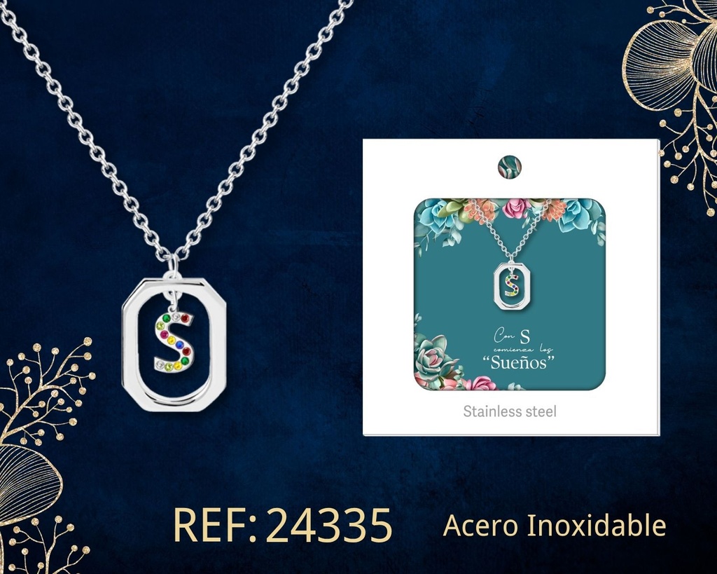 Collar letra S de acero plateado con caja - Joyería y accesorios