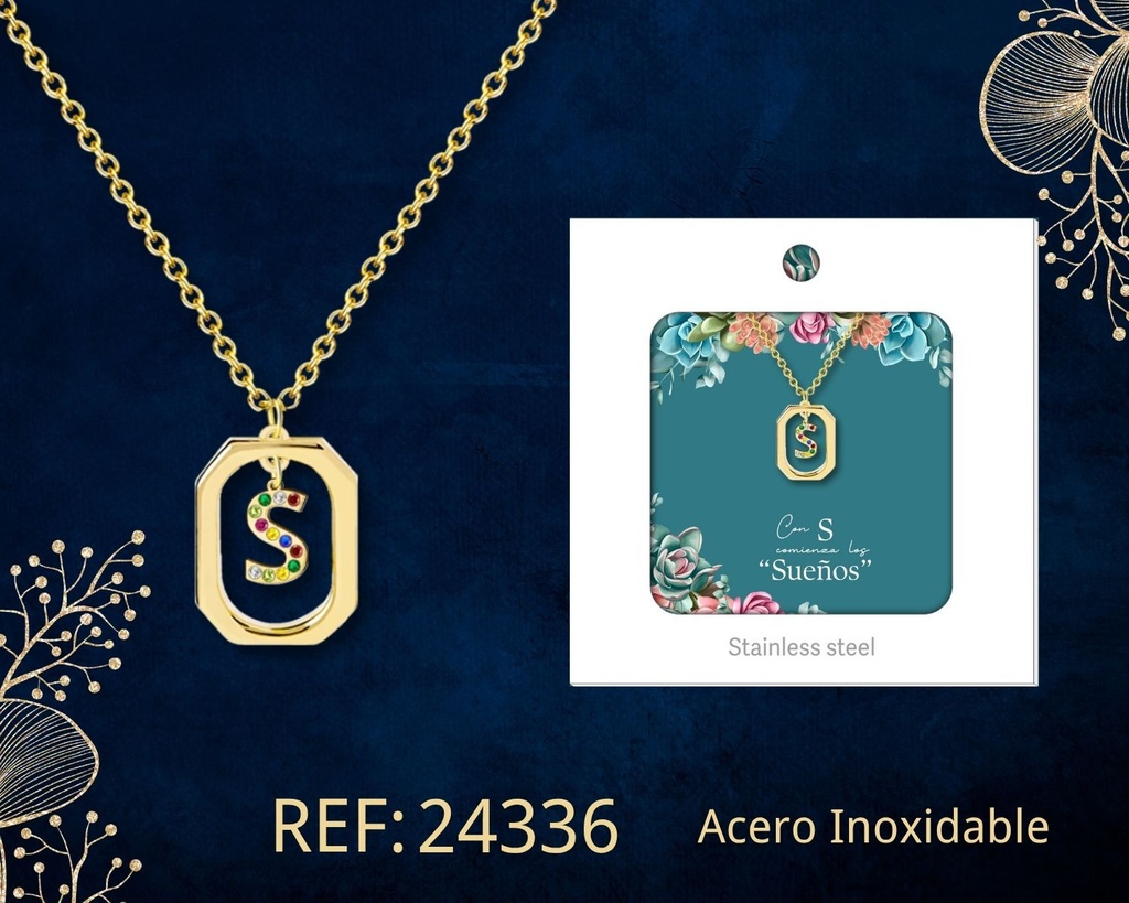Collar letra S de acero dorado con caja - Joyería y accesorios