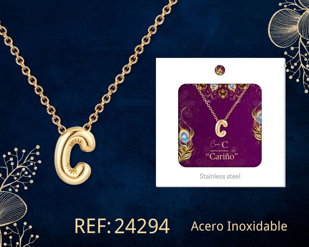 Collar letra C de acero dorado con caja - Joyería y accesorios