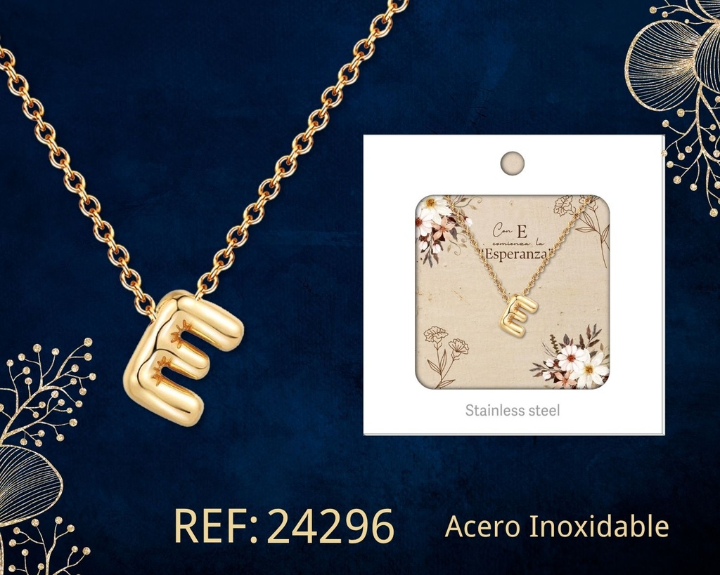 Collar letra E de acero dorado con caja - Joyería y accesorios