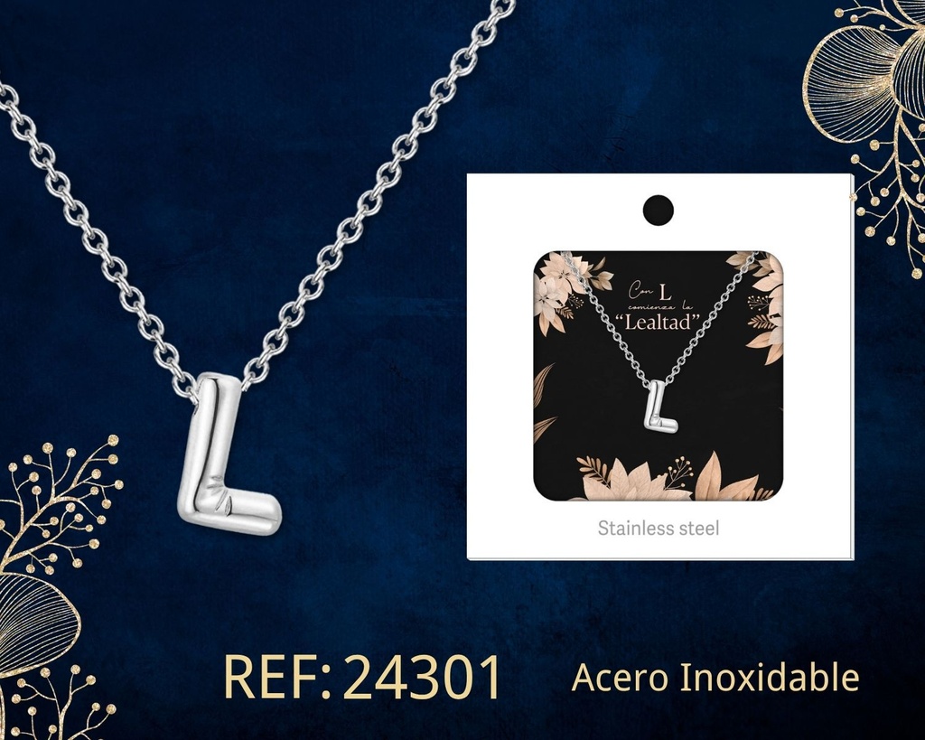 Collar letra L de acero plateado con caja - Joyería y accesorios