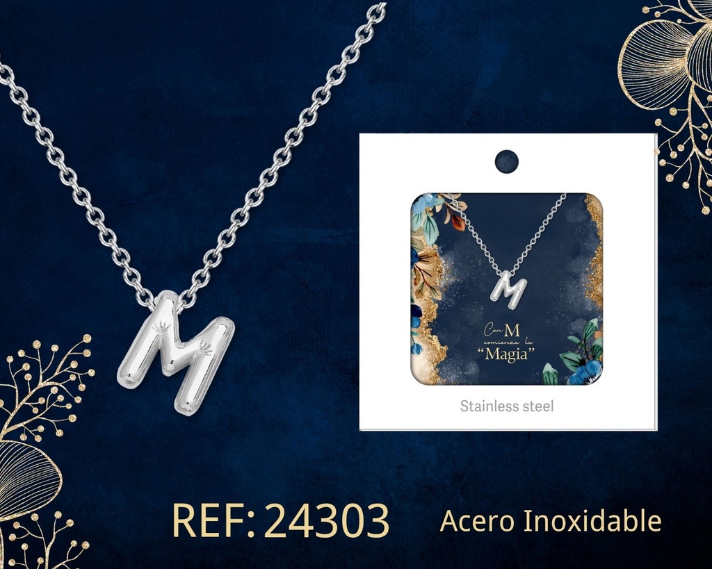 Collar letra M de acero plateado con caja - Joyería y accesorios