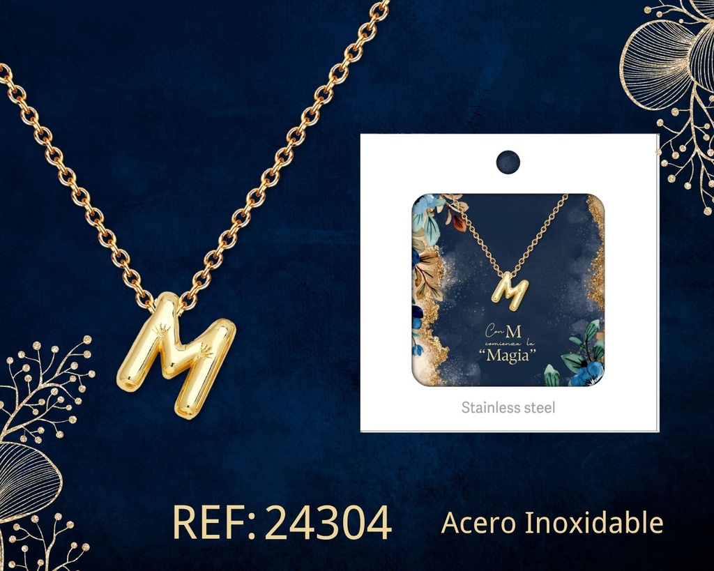 Collar letra M de acero dorado con caja - Joyería y accesorios