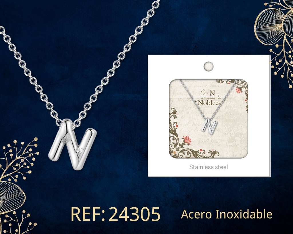 Collar letra N de acero plateado con caja - Joyería y accesorios