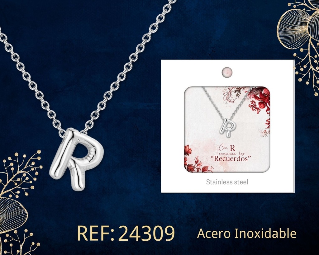 Collar letra R de acero plateado con caja - Joyería y accesorios