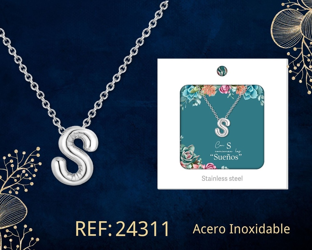 Collar letra S de acero plateado con caja - Joyería y accesorios