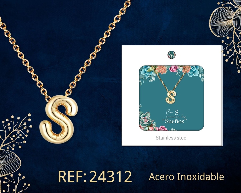Collar letra S de acero dorado con caja - Joyería y accesorios