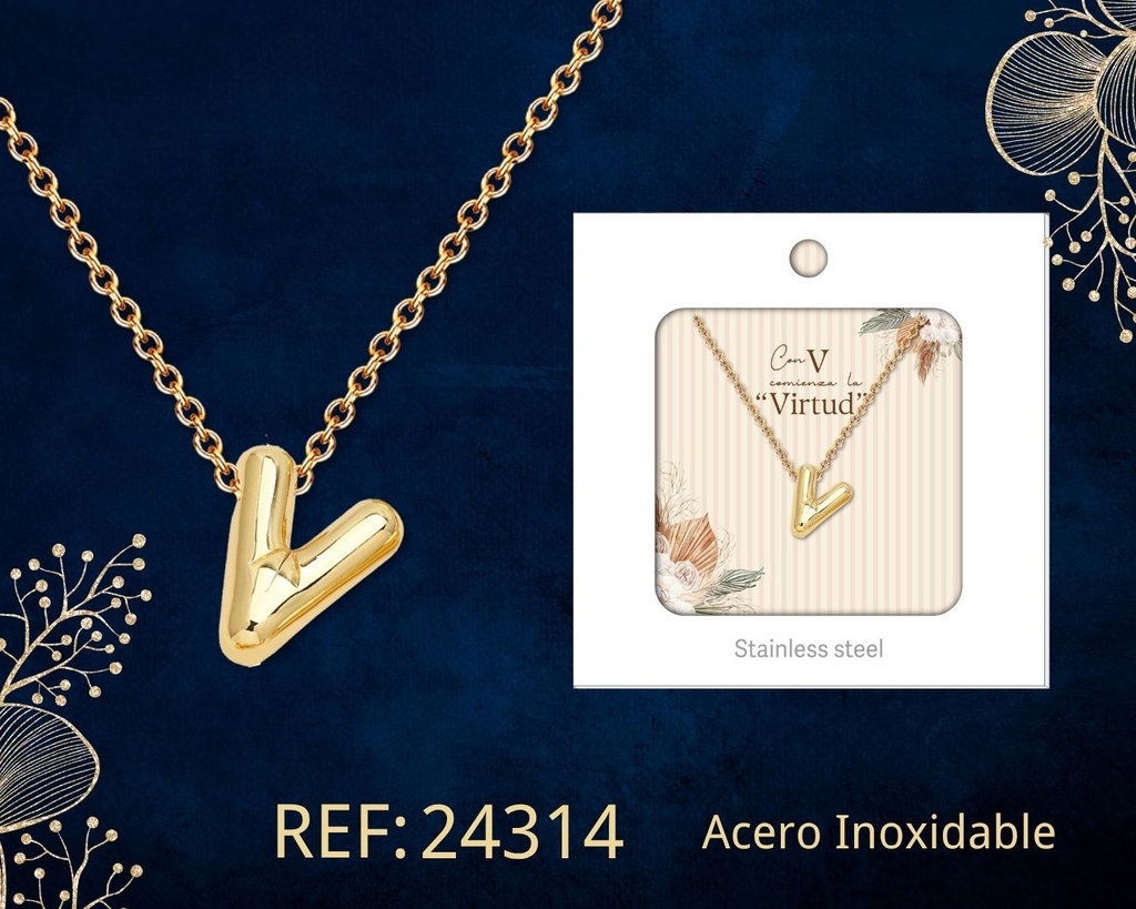 Collar letra V de acero dorado con caja - Joyería y accesorios