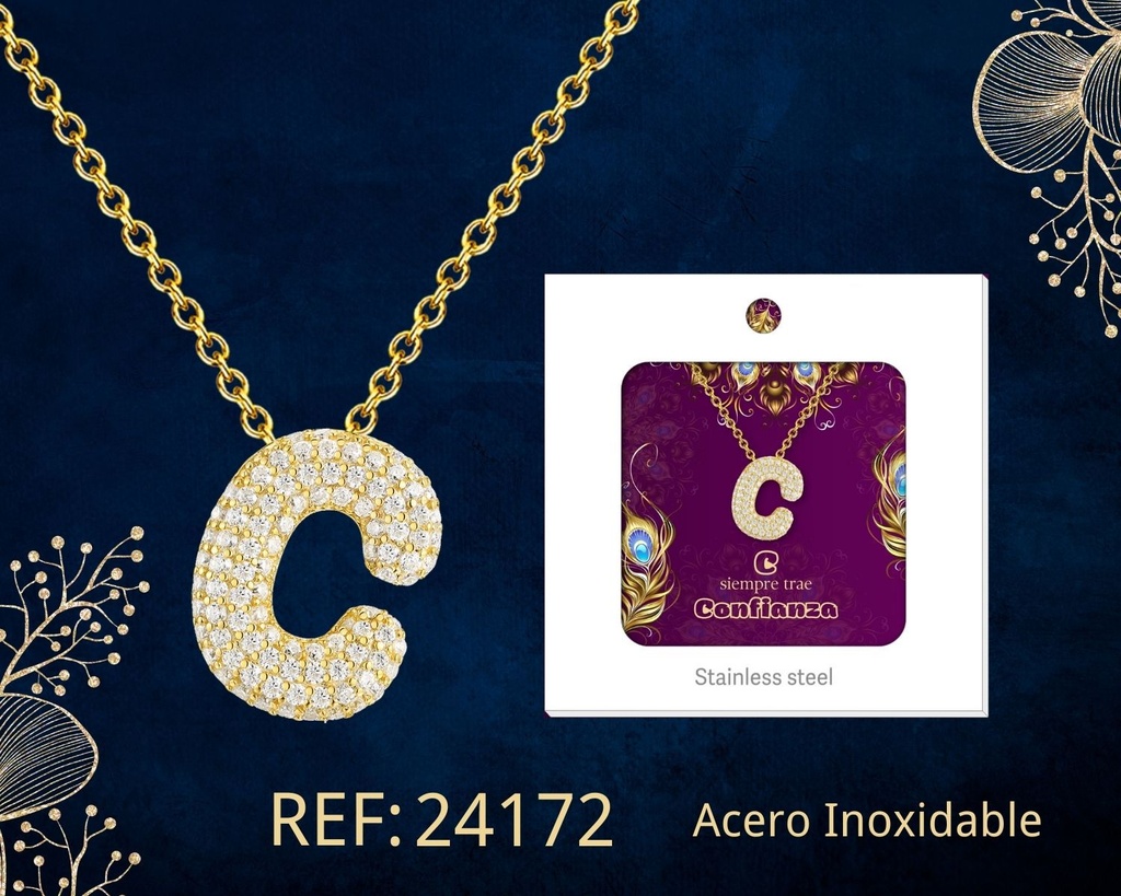 Collar letra C con circonita de acero color dorado - Joyería y accesorios