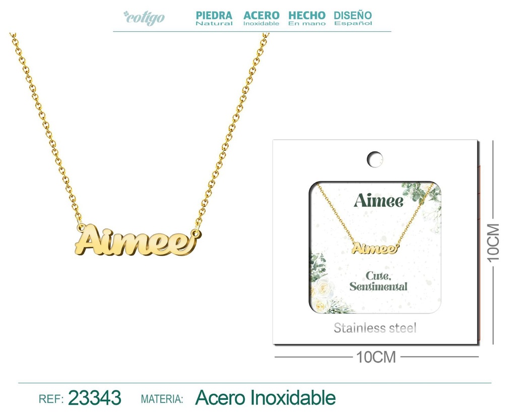 Collar Personalizado Nombre en Inglés Aimee de Acero con Sobre