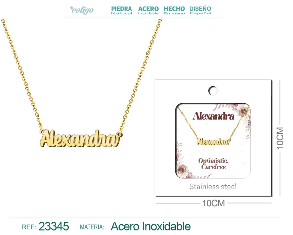 Collar Personalizado Nombre en Inglés Alexandra de Acero con Sobre