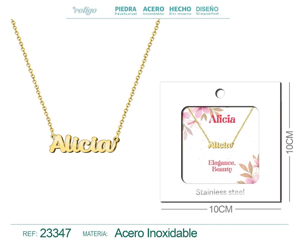 Collar Personalizado Nombre en Inglés Alicia de Acero con Sobre