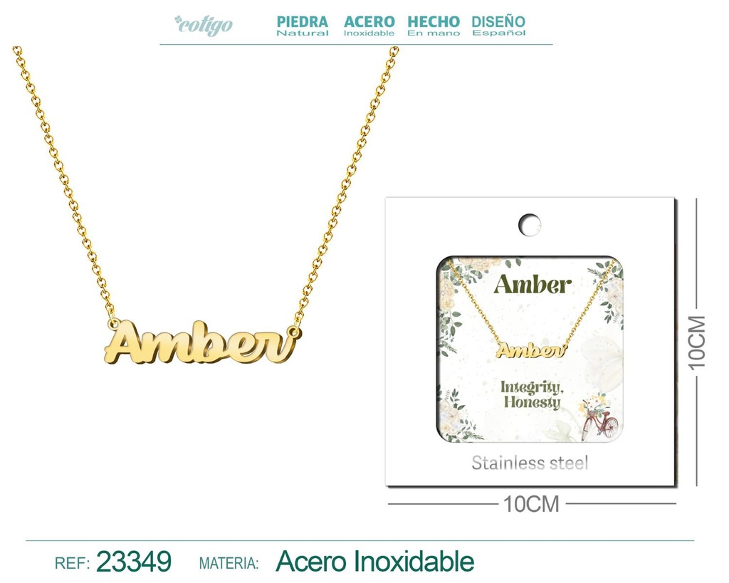 Collar Personalizado Nombre en Inglés Amber de Acero con Sobre