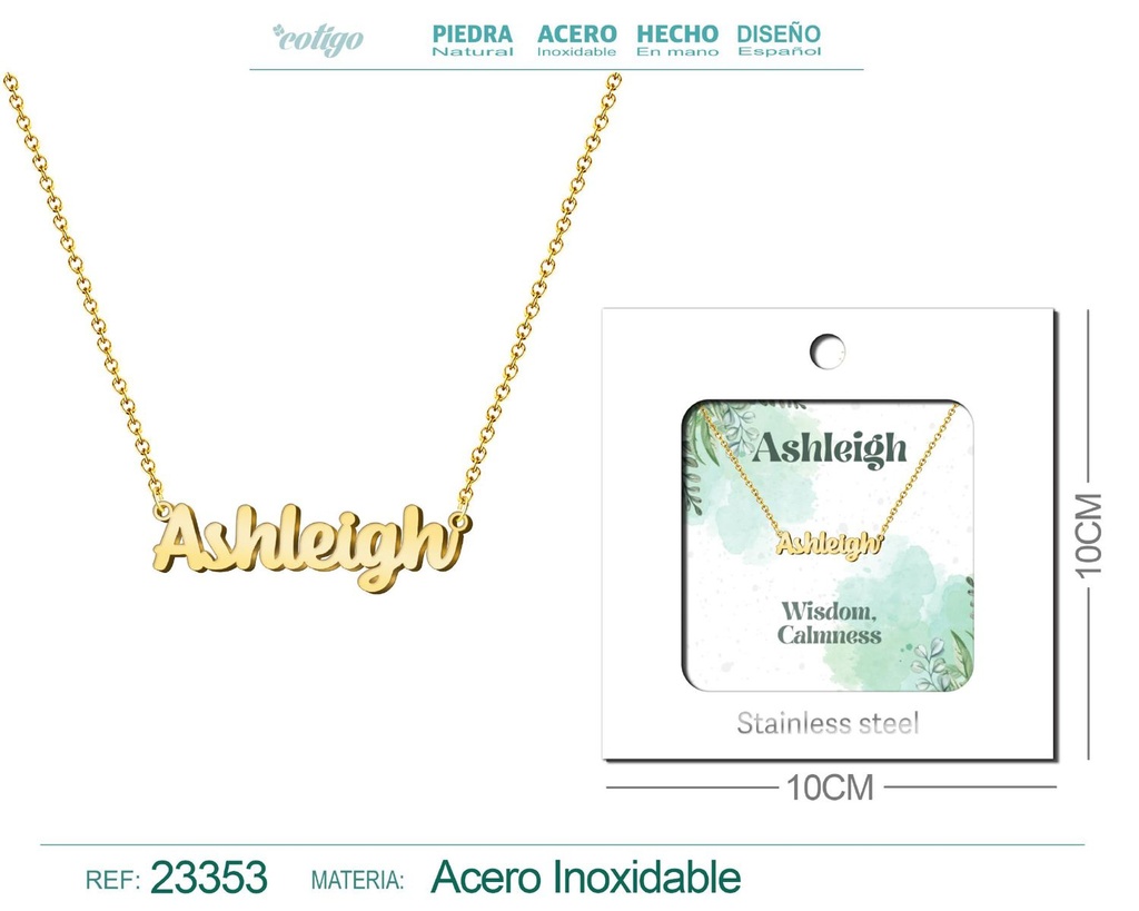 Collar Personalizado Nombre en Inglés Ashleigh de Acero con Sobre
