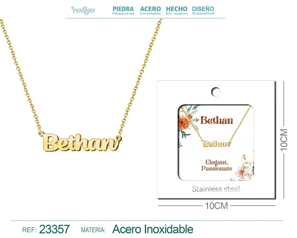 Collar Personalizado Nombre en Inglés Bethan de Acero con Sobre