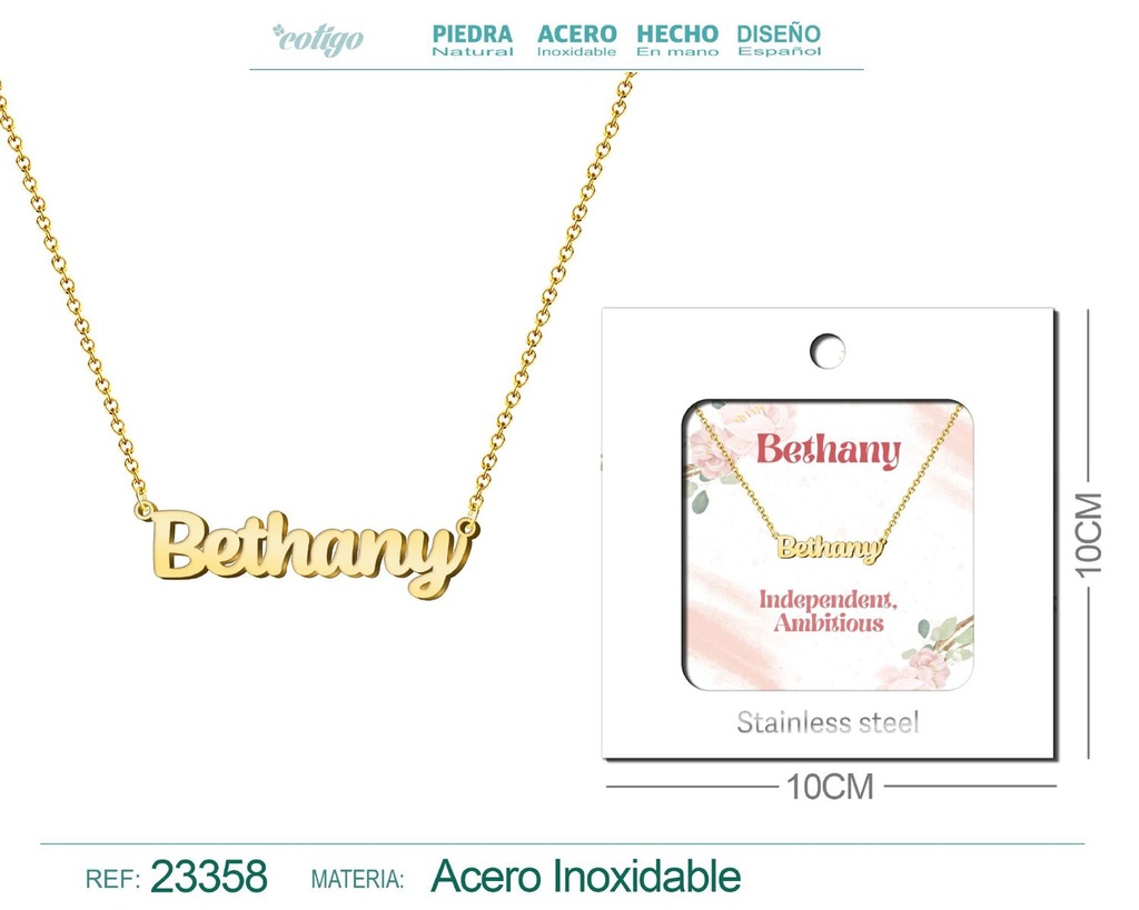 Collar Personalizado Nombre en Inglés Bethany de Acero con Sobre