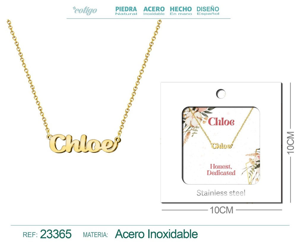 Collar Personalizado Nombre en Inglés Chloe de Acero con Sobre