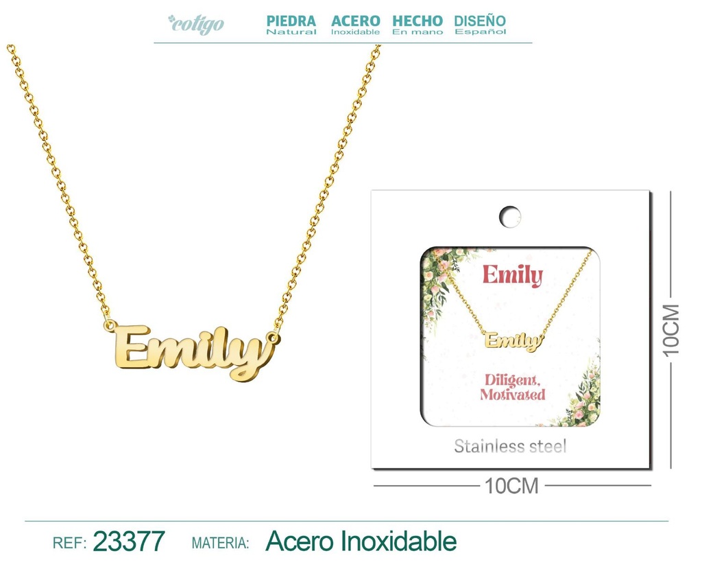 Collar Personalizado Nombre en Inglés Emily de Acero con Sobre