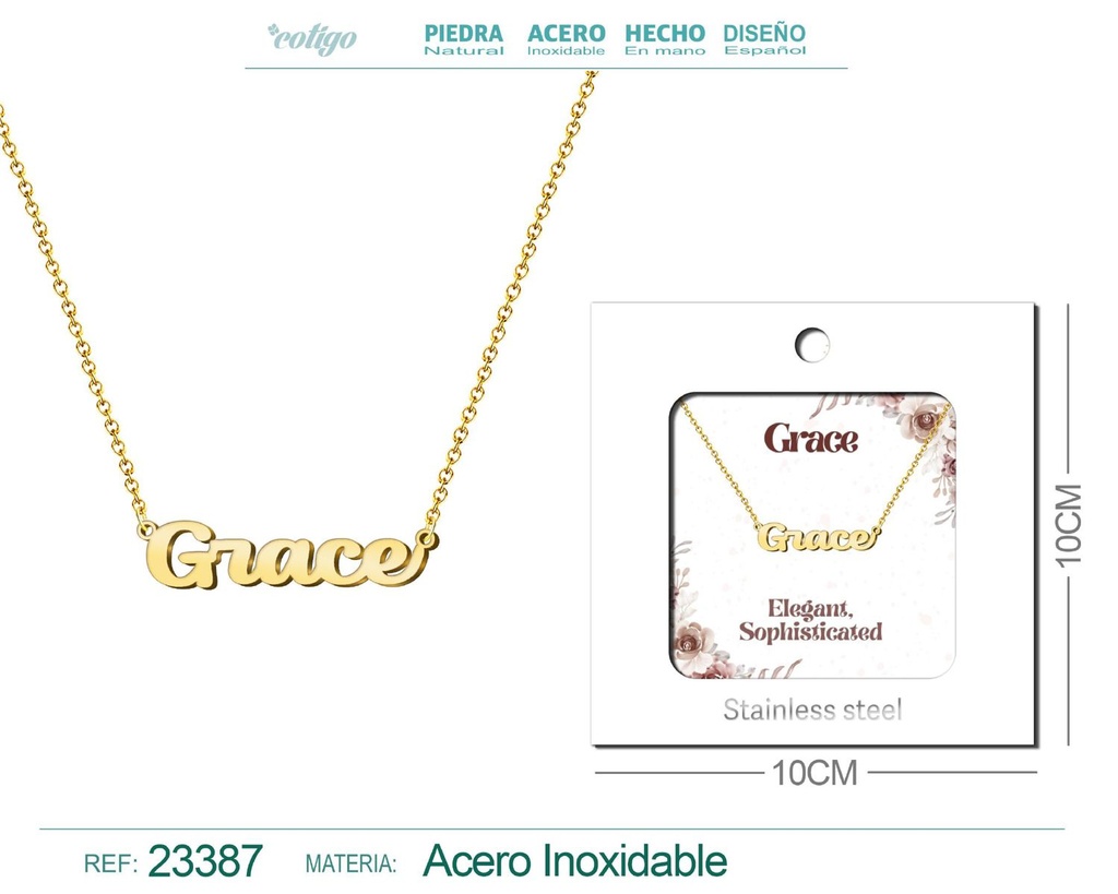 Collar Personalizado Nombre en Inglés Grace de Acero con Sobre