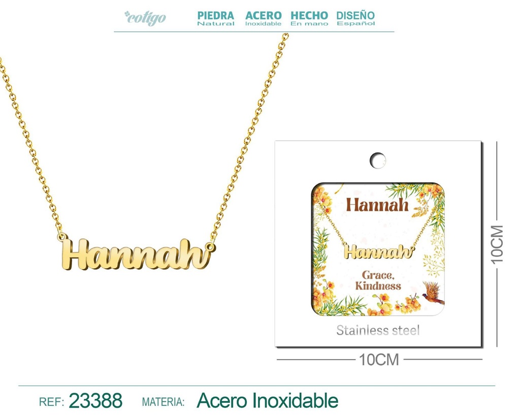 Collar Personalizado Nombre en Inglés Hannah de Acero con Sobre