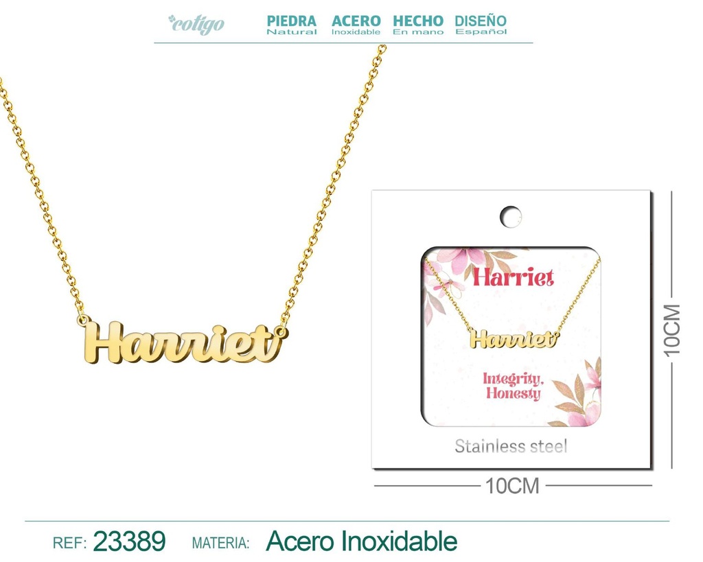 Collar Personalizado Nombre en Inglés Harriet de Acero con Sobre