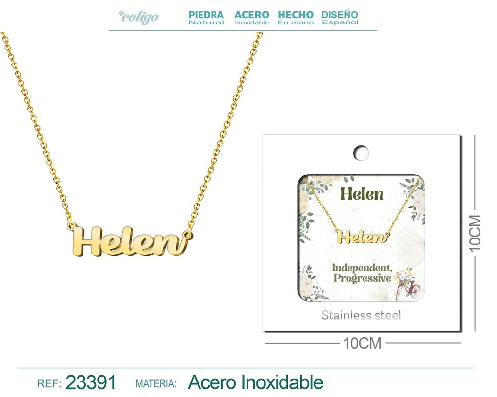 Collar de acero con nombre "Helen" en inglés con sobre - Joyería personalizada