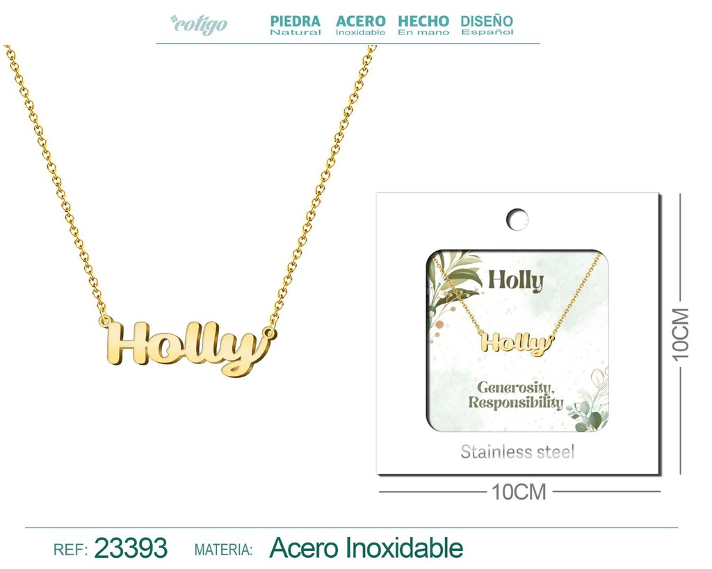 Collar de acero con nombre "Holly" en inglés con sobre - Joyería personalizada
