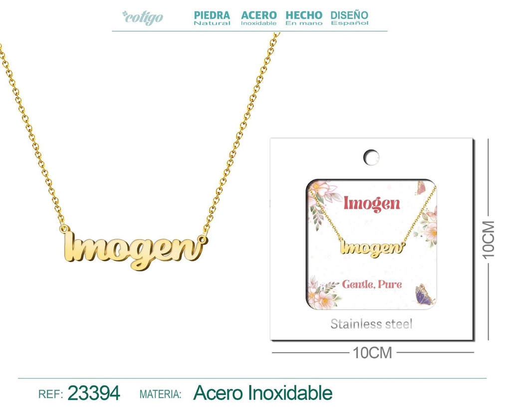 Collar de acero con nombre "Imogen" en inglés con sobre - Joyería personalizada