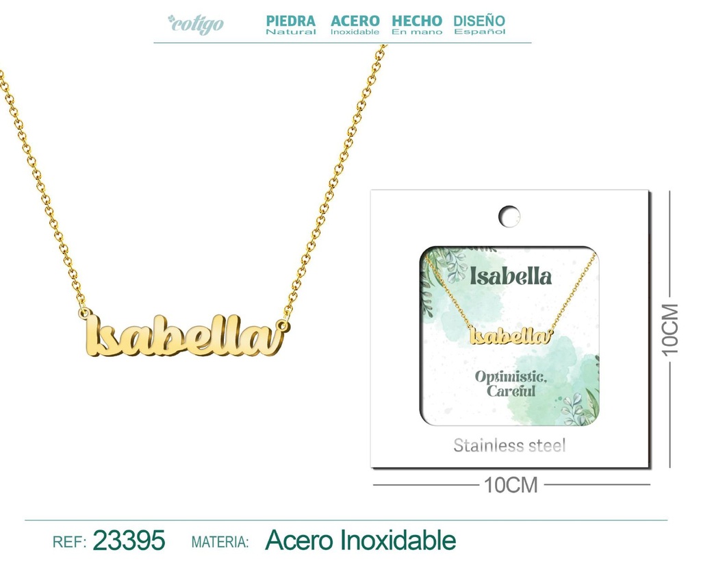 Collar de acero con nombre "Isabella" en inglés con sobre - Joyería personalizada