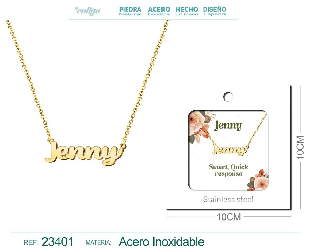 Collar de acero con nombre "Jenny" en inglés con sobre - Joyería personalizada