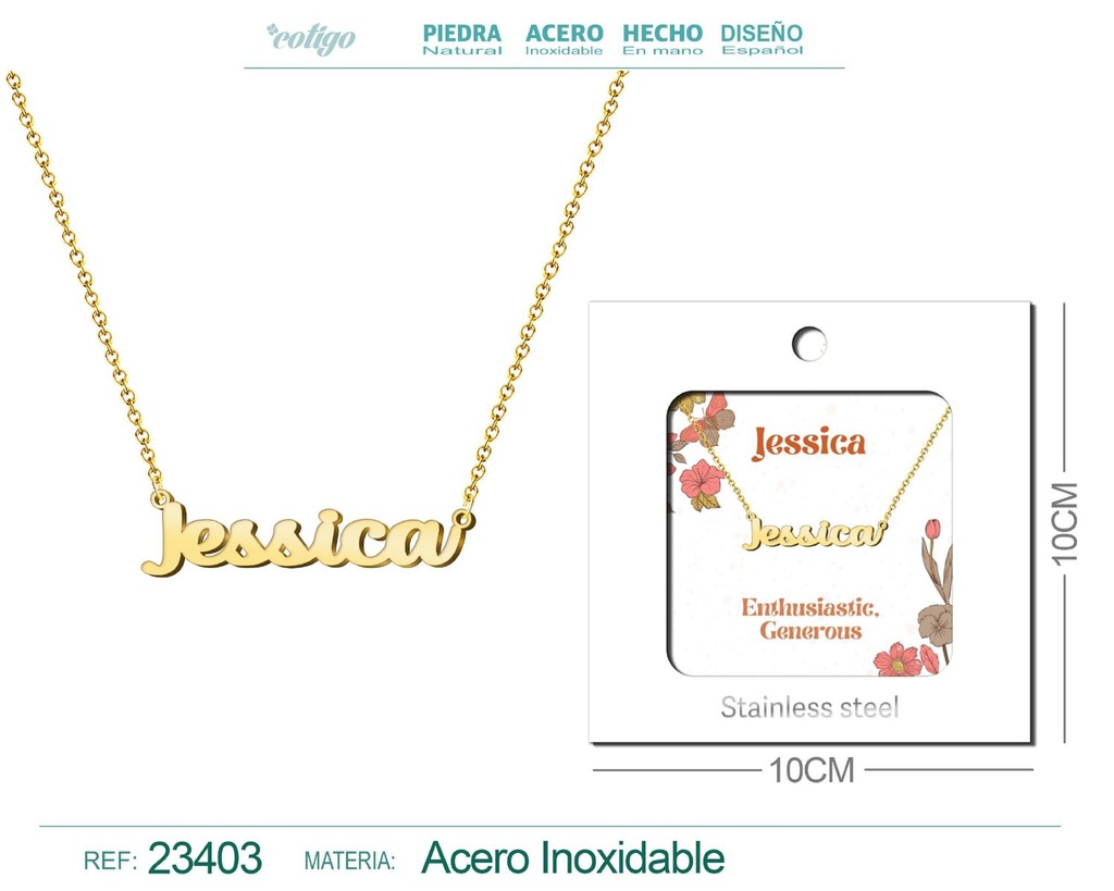 Collar de acero con nombre "Jessica" en inglés con sobre - Joyería personalizada