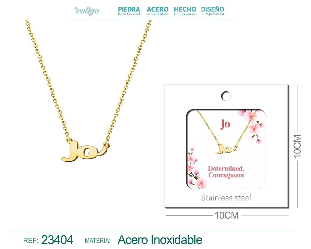 Collar de acero con nombre "Jo" en inglés con sobre - Joyería personalizada