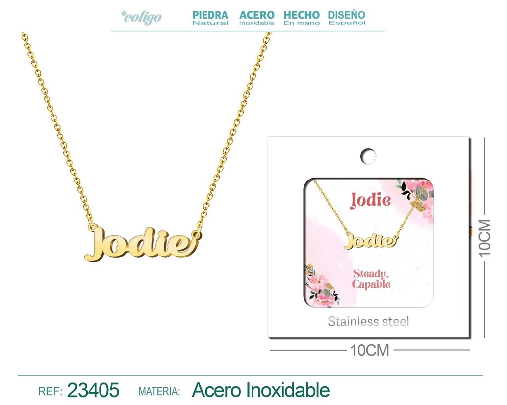 Collar de acero con nombre "Jodie" en inglés con sobre - Joyería personalizada
