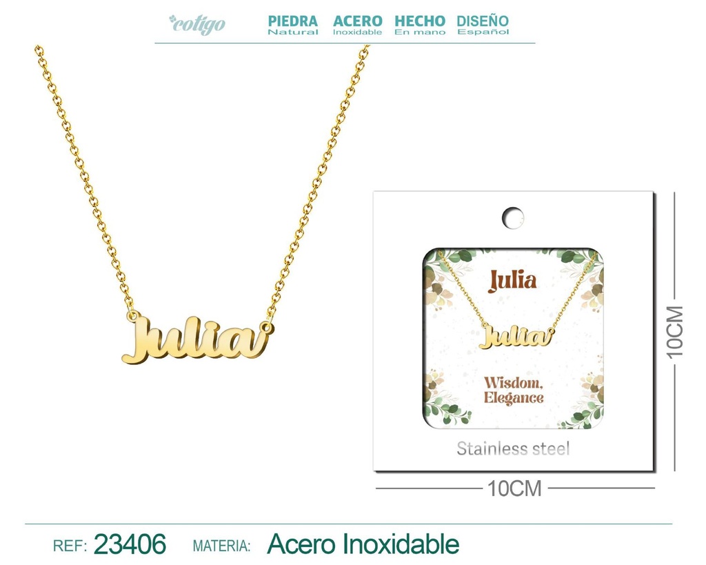 Collar de acero con nombre "Julia" en inglés con sobre - Joyería personalizada
