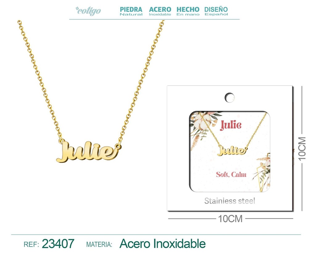 Collar de acero con nombre "Julie" en inglés con sobre - Joyería personalizada