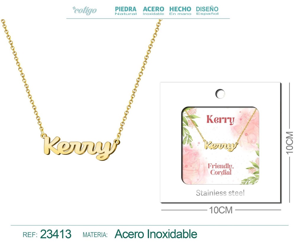 Collar de acero con nombre "Kerry" en inglés con sobre - Joyería personalizada