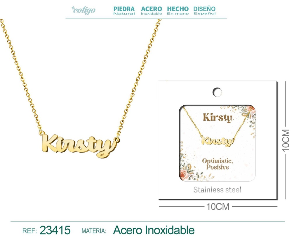 Collar de acero con nombre "Kirsty" en inglés con sobre - Joyería personalizada