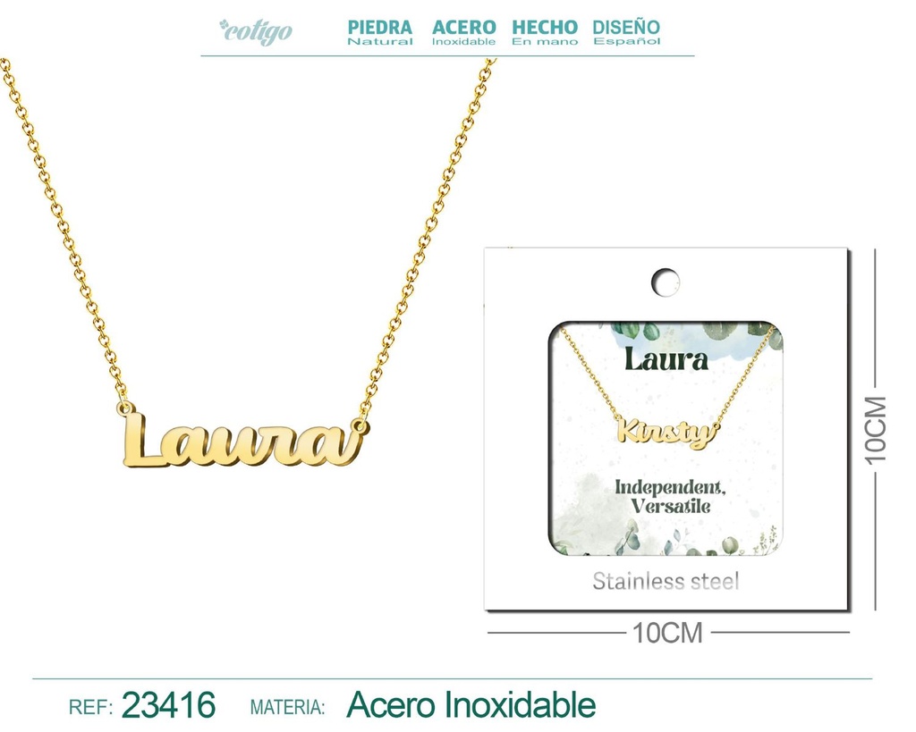 Collar de acero con nombre "Laura" en inglés con sobre - Joyería personalizada