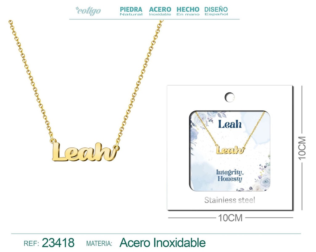 Collar de acero con nombre "Leah" en inglés con sobre - Joyería personalizada
