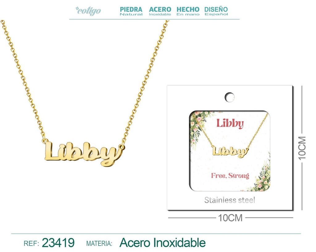 Collar de acero con nombre "Libby" en inglés con sobre - Joyería personalizada