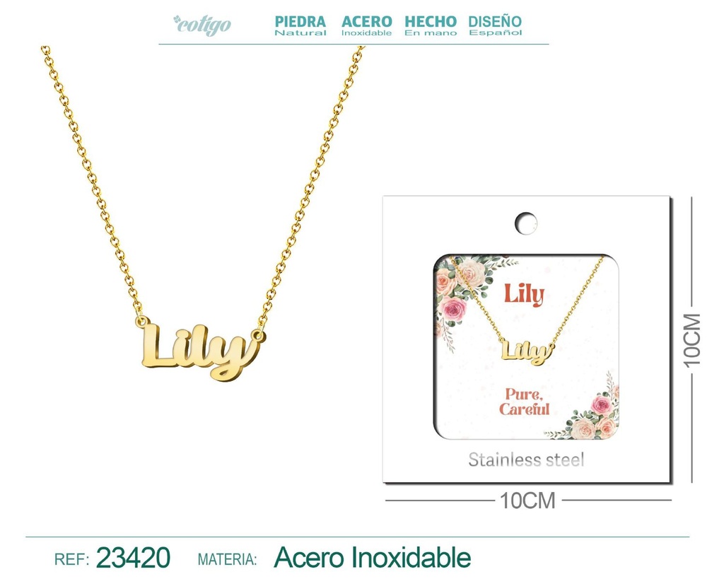 Collar de acero con nombre "Lily" en inglés con sobre - Joyería personalizada