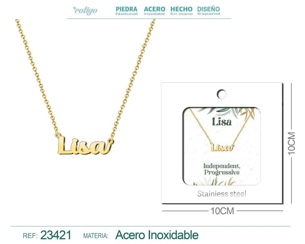 Collar de acero con nombre "Lisa" en inglés con sobre - Joyería personalizada