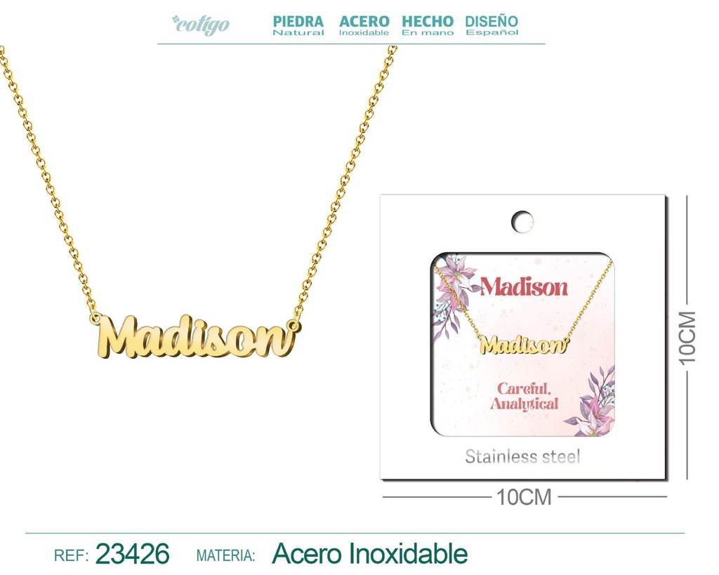 Collar de acero con nombre "Madison" en inglés con sobre - Joyería personalizada
