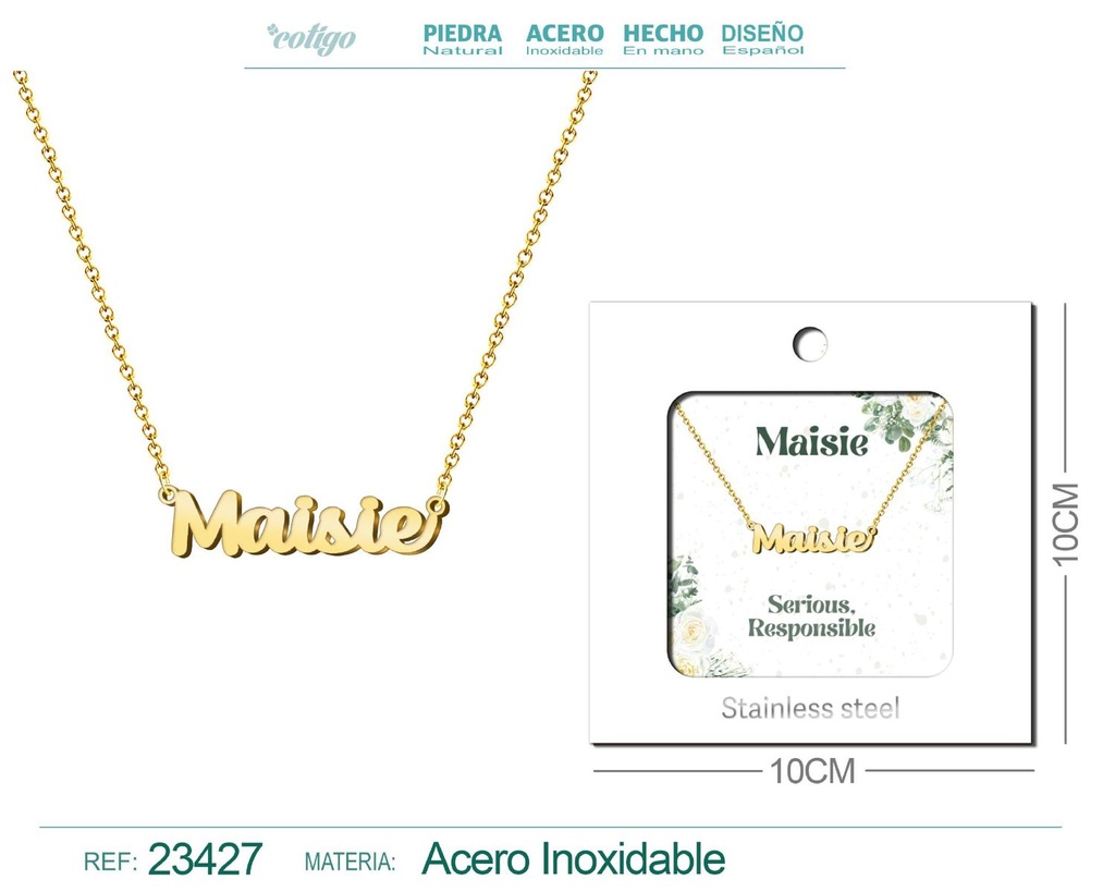Collar de acero con nombre "Maisie" en inglés con sobre - Joyería personalizada