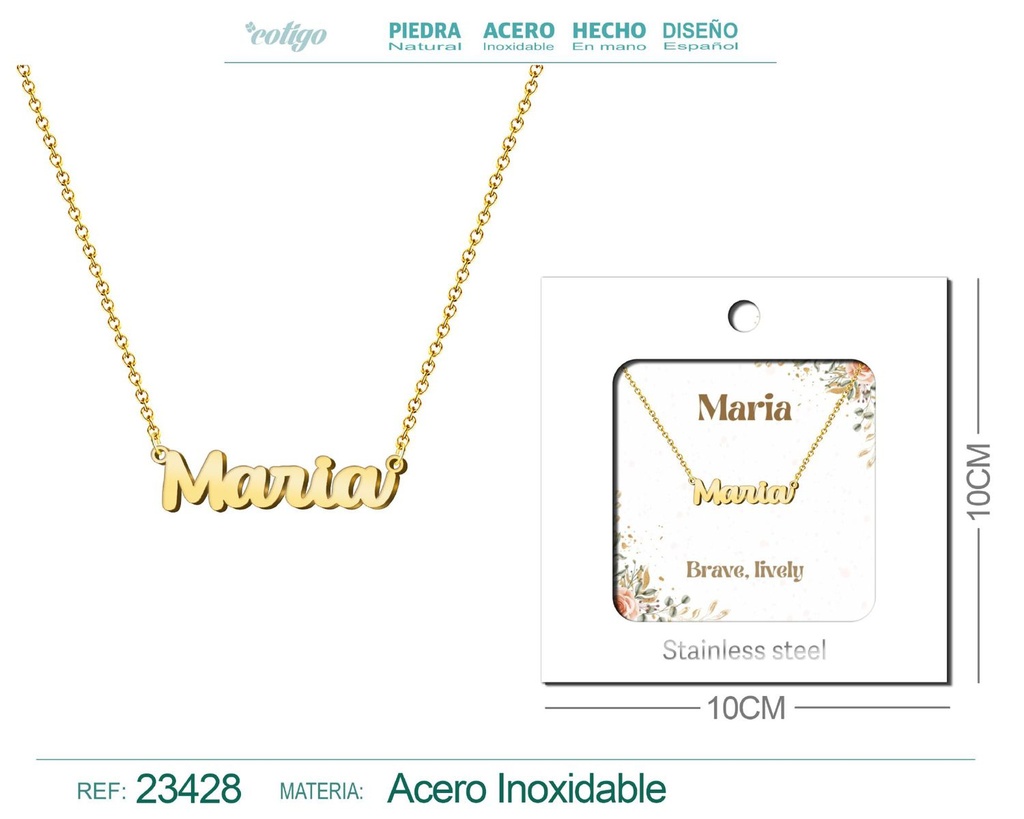 Collar de acero con nombre "Maria" en inglés con sobre - Joyería personalizada