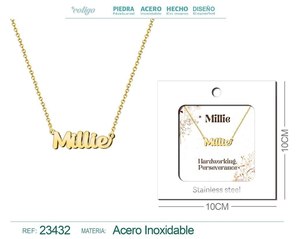 Collar de acero con nombre "Millie" en inglés con sobre - Joyería personalizada