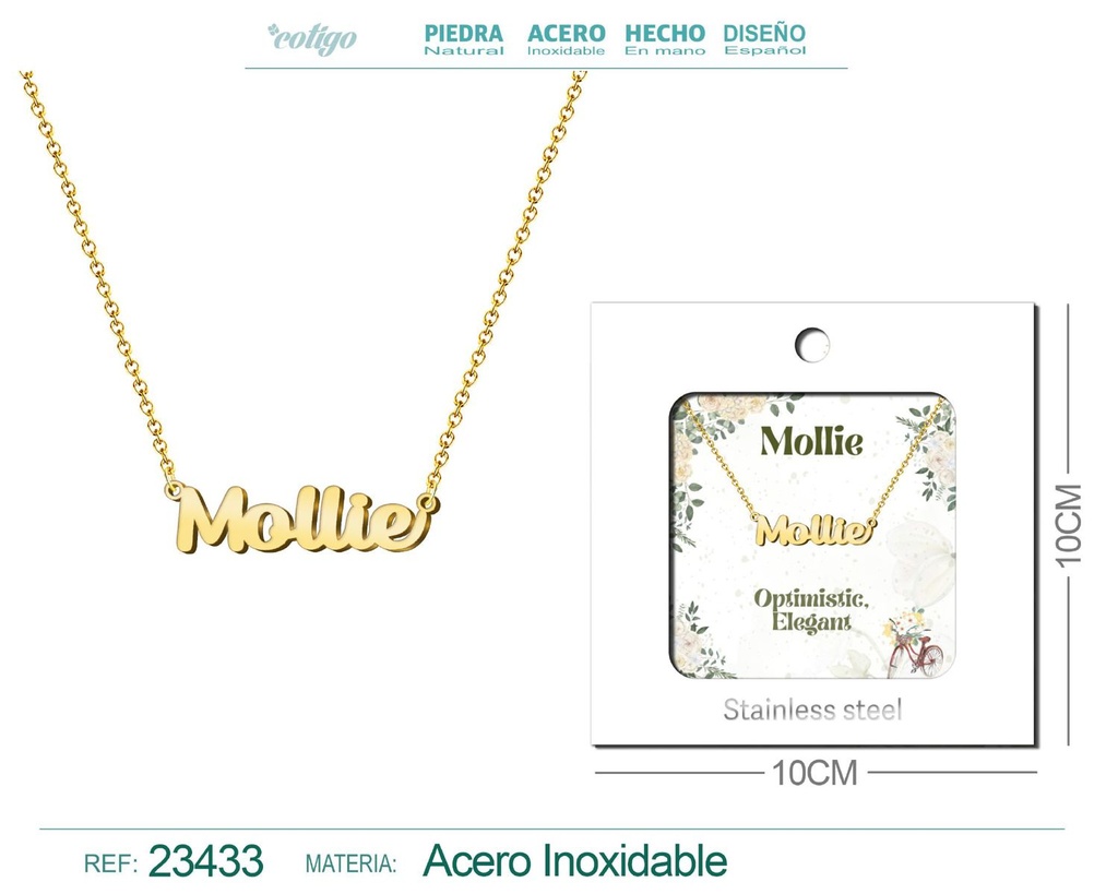 Collar de acero con nombre "Mollie" en inglés con sobre - Joyería personalizada