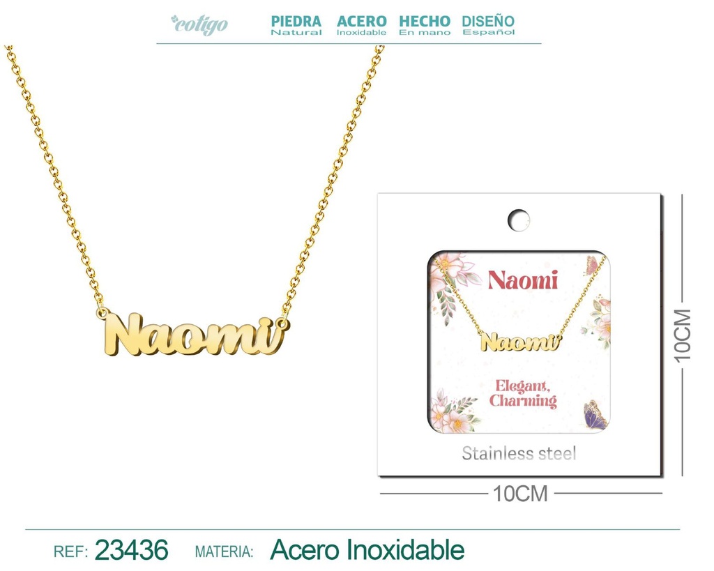Collar de acero con nombre "Naomi" en inglés con sobre - Joyería personalizada