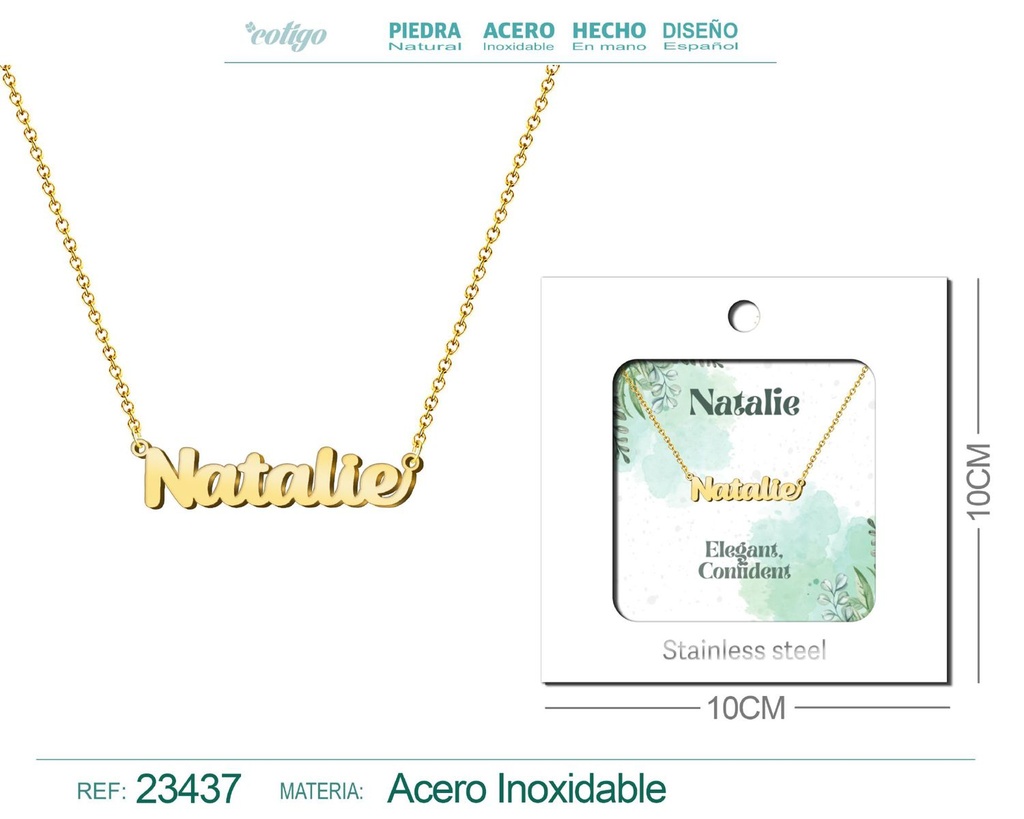 Collar de acero con nombre "Natalie" en inglés con sobre - Joyería personalizada