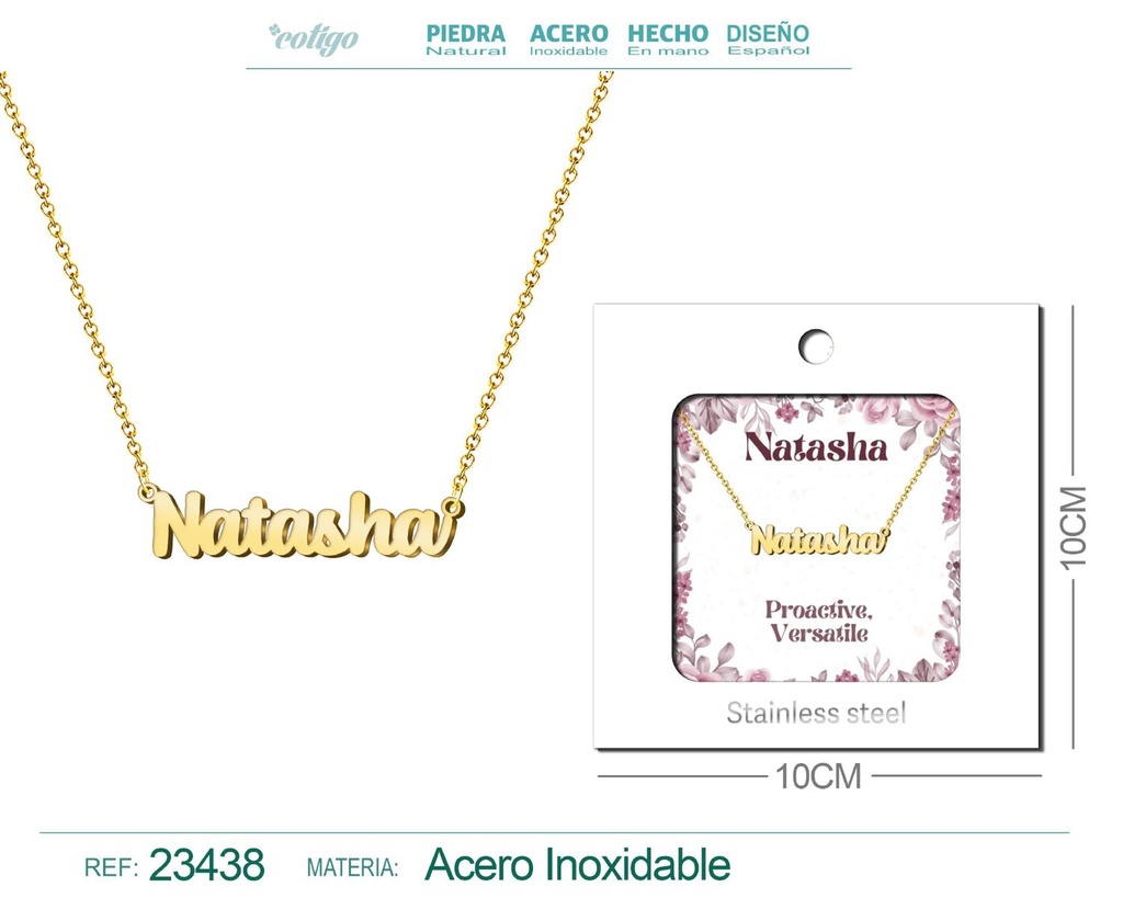 Collar de acero con nombre "Natasha" en inglés con sobre - Joyería personalizada